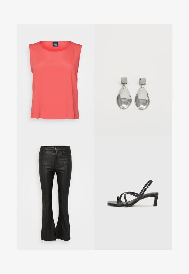 Koralen brezrokavni top z okroglo ovratnico, izdelan iz lahkega materiala. Gladka tekstura, ohlapen kroj in preprost dizajn.; Črne raztegnjene hlače z sijočo teksturo, podobno usnju, s sprednjimi žepi, zapiranjem na gumb in stranskimi razporki na robu.; Črne natikače s trakovi in kvadratnim prstom ter nizkim blokastim peto. Imajo več tankih trakov in nastavljiv trak okoli gležnja. Narejene so iz gladkega usnja.; Srebrni uhani z kvadratnim studom, ki imajo gladko, polirano površino in obliko kapljice, ki odbija svetlobo z sijočo površino.