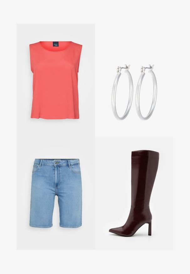 Korálový bezrúčkový top s okrúhlym výstrihom, vyrobený z ľahkého materiálu. Hladká textúra, voľný strih a jednoduchý dizajn.; Svetlomodré deninové šortky s klasickým strihom, s predným zapínaním na gombík, pútkami na opasok a dvoma bočnými vreckami. Hladká textúra a rovný lem.; Even&Odd Čižmy - dark red; Strieborné kruhové náušnice s hladkým, lesklým povrchom. Kolový tvar a bezpečné klikanie na uzatváranie. Ľahký dizajn vhodný na každodenné nosenie.