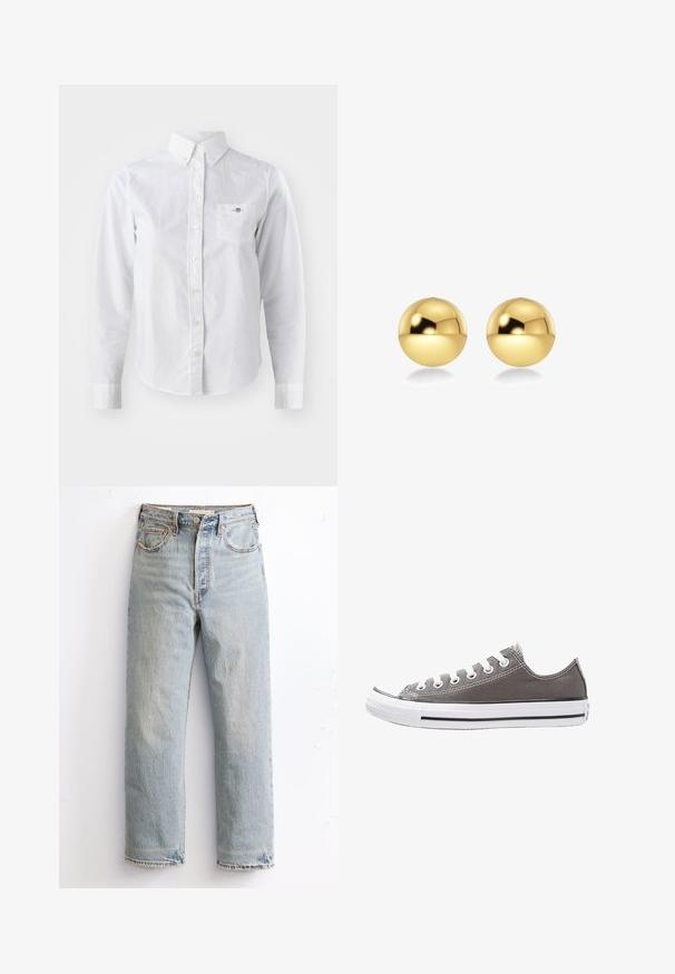 White long-sleeve shirt made of cotton, featuring a button-down collar, front button closure, breast pocket, and subtle logo detail.; Light blue denim jeans with a straight leg design, featuring distressed hem, copper rivets, and a classic five-pocket style.; Gray canvas sneaker with white rubber sole, black stripe, and metal eyelets. Features round toe, low-top design, and textured fabric.; Gold-colored spherical earrings with a shiny, reflective surface. The design is simple and smooth, creating a modern, minimal look.