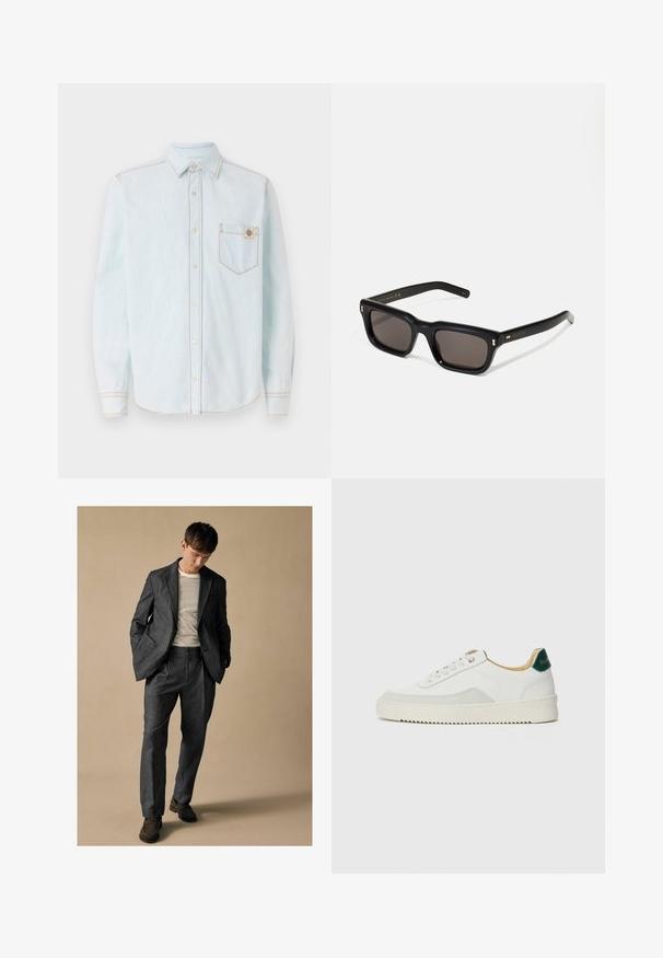 Lichtblauw overhemd met lange mouwen van zacht denimstof, uitgerust met een button-down kraag, borstzak en contrasterende gele stiksels.; Grijs op maat gemaakte pak met notch revers en voorzakken, gecombineerd met een gestreept shirt. De broek heeft een ontspannen pasvorm en een vouwdetail. Bruine schoenen.; Witte sneaker met suède accenten, ronde neus, platte veters en een crème rubberen zool. Bevat groene branding op de hiel.; Zwarte rechthoekige zonnebril met donkere lenzen, een dik plastic montuur, gouden accenten op de veren en het merkembleem gegraveerd op de arm.