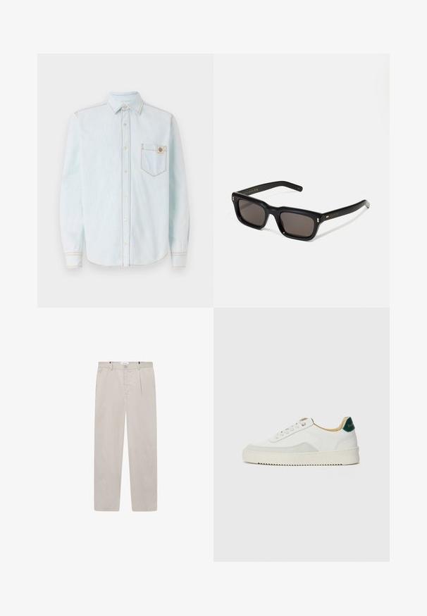 Hellblaues Langarmhemd aus weichem Denimstoff, mit einem Button-Down-Kragen, Brusttasche und kontrastierenden gelben Nähten.; Helle beigefarbene Hose aus weichem Stoff, mit geradem Schnitt, zwei seitlichen Taschen und einem Frontknopfverschluss. Leicht und mit glatter Textur.; Weiße Sneaker mit Wildlederelementen, runder Zehenpartie, flachen Schnürsenkeln und einer cremefarbenen Gummisohle. Mit grünen Markenlogo am Fersenbereich.; Schwarze rechteckige Sonnenbrille mit dunklen Gläsern, dickem Kunststoffrahmen, goldenen Akzenten an den Bügeln und eingraviertem Markenlogo am Arm.
