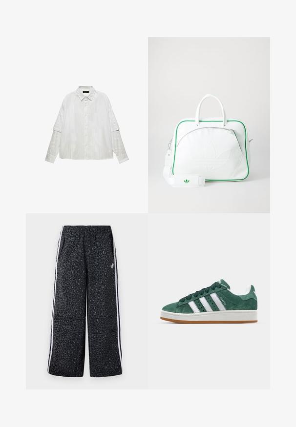 Camicia bianca con bottoni e righe verticali grigie. Presenta un colletto classico, una vestibilità comoda e maniche lunghe con dettagli sui polsini.; T-shirt in cotone verde con maniche corte, scollatura rotonda e un emblema grafico con "Oyster Crew" e un logo in giallo e rosso.; adidas Originals GRAPHIC UNISEX - Pantaloni sportivi - black; Sneaker in suede verde con strisce in pelle bianca, suola in gomma, collarino imbottito e design minimalista. Presenta il marchio sul lato.; Borsa in pelle bianca con rifiniture verdi, caratterizzata da un logo goffrato prominente, doppi manici, una tracolla removibile e una tasca frontale con zip.