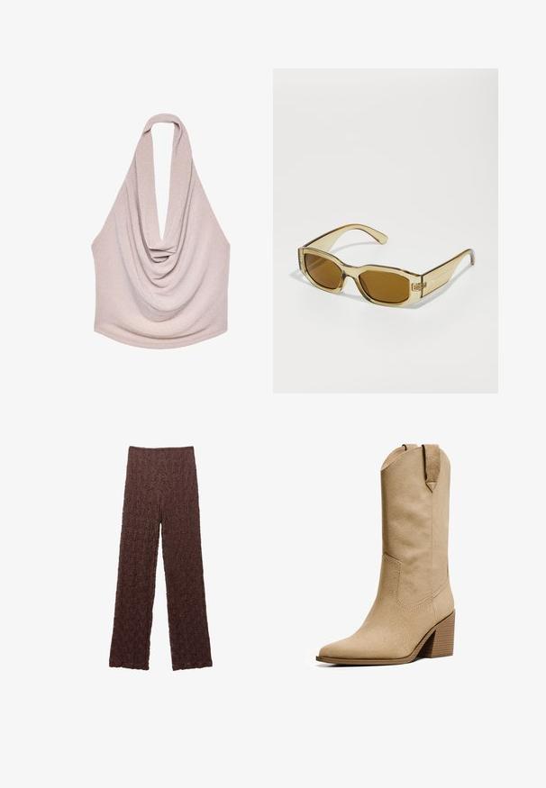 Draperad halterneck-top i ljusbeige stickad tyg, med en djup urringning och en svävande silhuett med en mjuk textur.; Bruna texturerade byxor med en rynkig yta, vida ben och resår i midjan. Tyget verkar mjukt och något stretchigt.; Bershka HIGH-HEEL - Cowboy- / Bikerboots - beige; Genomskinliga amber-solglasögon med rektangulära linser, tjocka skalmar och en glänsande yta, med en subtil logotyp på sidan.; Gul paljetväska i rektangulär form, med en slät yta och en tunn rem. Paljetterna skapar en reflekterande yta som förbättrar dess utseende.