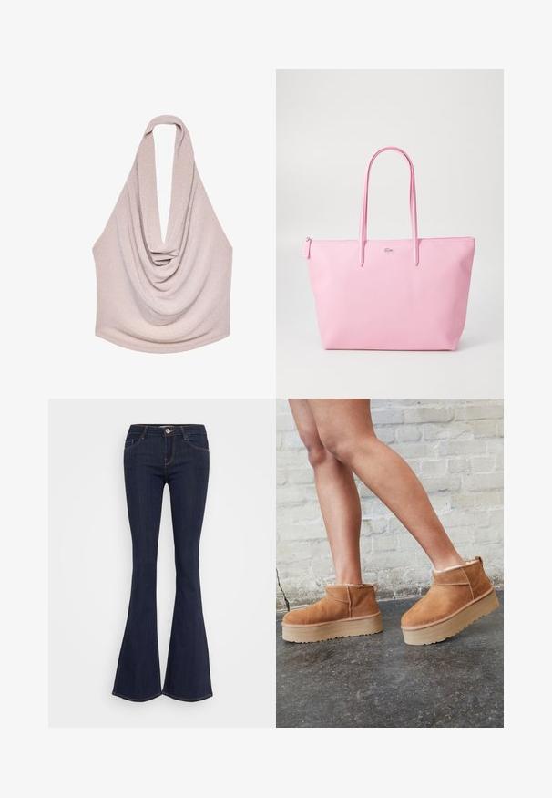 Oblikovana halterska majica svetlo bež pletenine, sa dubokim dekolteom i laganim siluetom sa glatkom teksturom.; Temno denim flare hlače z oprijetim pasom, ki vključujejo sprednji gumb, pet žepov in detajle na šivih ob hlačnicah.; Rjavi semiš škornji do gležnjev s puhastim podlogo, debelim bež platformnim podplatom in zanko na zadnji strani. Teksturirana površina z vidnimi šivi.; Roza torba iz teksturiranega materiala, z dvema dolgima ročajema in vtisnjenim logotipom na sprednji strani. Zadrga na vrhu.