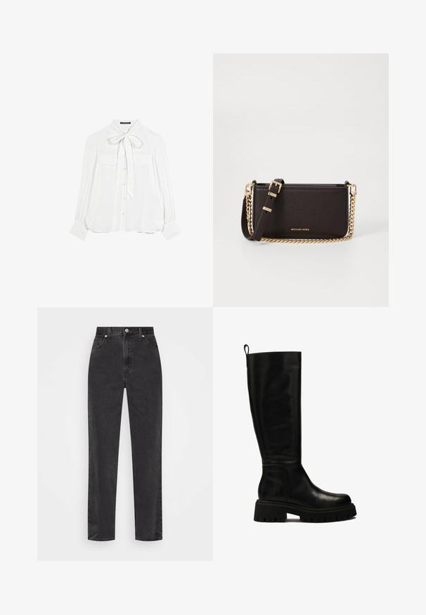 White blouse with a bow tie collar, long sleeves, two front pockets, and a button-up front. Soft, smooth fabric with slight sheen.; Straight-leg black denim jeans with high waist, front button and zipper, and five-pocket styling on a white background.; Black knee-high leather boots with a sleek design, rounded toe, and chunky rubber sole featuring deep grooves and a pull tab at the top.; MICHAEL Michael Kors BRYANT SM XBODY POUCHETTE - Cross body bag - chocolate