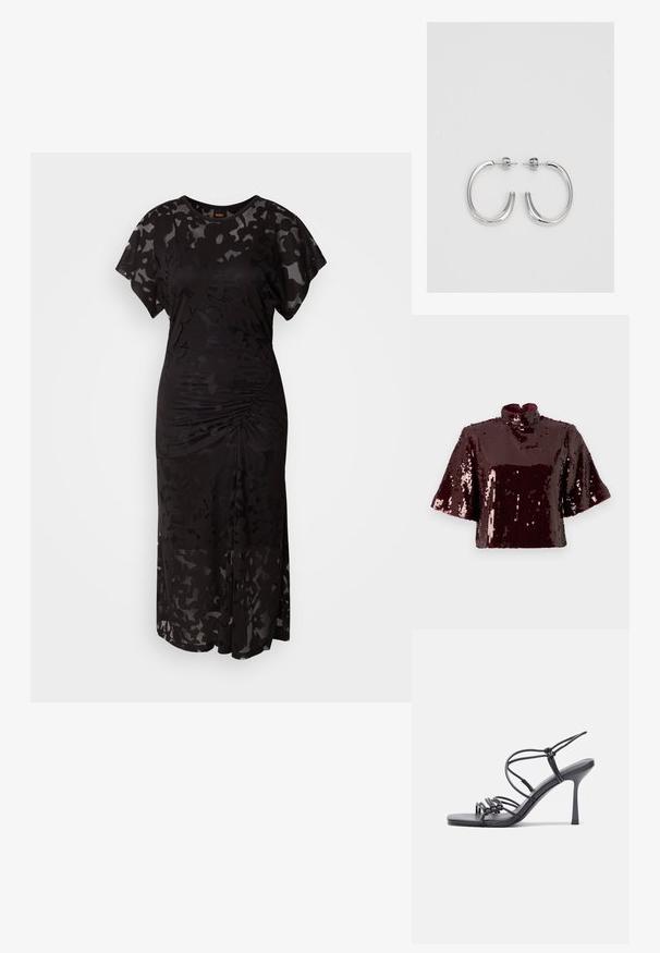 Burgundy sequined crop top with a high neck and short sleeves. Textured surface with reflective sequins, creating a shiny appearance.; Black dress made of semi-sheer fabric with floral pattern. Features short flutter sleeves, scoop neckline, and gathers at the waist.; Black high-heeled sandals feature thin straps with a knotted design, a smooth square toe, and a sleek stiletto heel.; Light gray metallic handbag featuring a chain strap, embellished with small circular metallic studs and a triangular brand logo.; Silver hoop earrings with a smooth, shiny finish. Rounded shape, lightweight design, featuring a post-back closure.