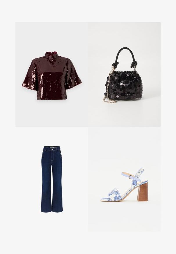 Bordeaux crop top met pailletten, hoge hals en korte mouwen. Gestructureerd oppervlak met reflecterende pailletten, wat een glanzend uiterlijk creëert.; Donkerblauwe broek met wijde pijpen en een hoge taille, voorzien van knoopaccenten aan de zijkanten en een gladde denimtextuur.; Blauw bloemenpatroon sandaal met een vierkante neus, een brede band en een verstelbare enkelband, met een getextureerde houten blokhak.; Zwarte pailletten mini handtas met een geknoopte textuurriem en zilveren ketting. Rondvormig met een geplooide bovenkant en reflecterende details.