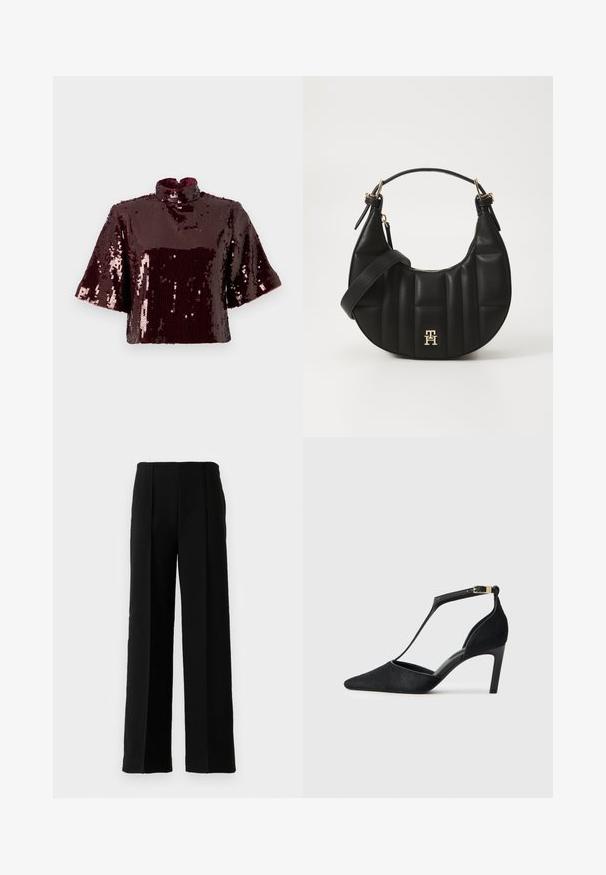 Burgundy sequined crop top with a high neck and short sleeves. Textured surface with reflective sequins, creating a shiny appearance.; Black high-waist wide-leg trousers with front creases, displayed against a plain white background.; Black high-heeled pump featuring a pointed toe, thin ankle strap with gold hardware, and a soft textured finish.; Black leather handbag with a curved shape, quilted texture, and gold hardware. Features a detachable shoulder strap and logo detail.