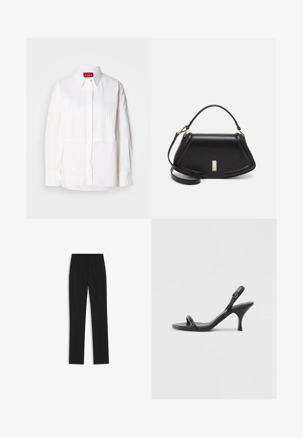 Camicia bianca con un pattina frontale caratterizzata da pieghe verticali, maniche lunghe e colletto a punta. L'etichetta interna riporta "cras." Tessuto dalla consistenza liscia.; Pantaloni neri su misura con un design a gamba dritta, dotati di tasche frontali e un tessuto liscio e strutturato. Dettagli ordinati e minimalisti.; Sandali con tacco alto in pelle nera, con tacco sottile e curvo e design a fascia incrociata. Cinghia alla caviglia regolabile. Texture liscia.; Borsa a mano in pelle nera con un design strutturato, caratterizzata da una forma corta, manico superiore e accessori in metallo dorato. Inclusa tracolla regolabile.