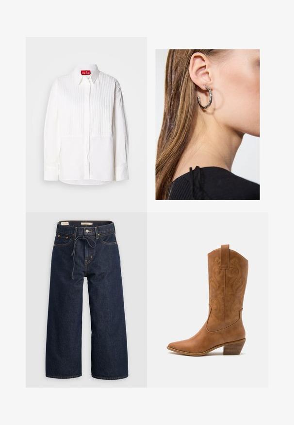 White shirt with a front placket featuring vertical pleats, long sleeves, and a pointed collar. Label inside reads "cras." Smooth fabric texture.; Dark blue wide-leg denim jeans with a drawstring waistband, front pockets, and contrasting orange stitching details.; Tan leather cowboy boot with pointed toe, embroidered swirl patterns on shaft, and a stacked block heel. Features a pull tab for easy wear.; Silver hoop earring with a polished finish, featuring small gold accent details and a round shape, worn on the lobe.
