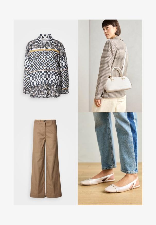 Košulja dugih rukava od pamuka s geometrijskim uzorkom u tamnoplavoj, bijeloj i žutoj boji. Ima ovratnik i zatvaranje na gumbe.; Hlače širokih nogavica od glatkog, bež materijala. Imaju prednje dugme zatvaranje, petlje za remen i bočne džepove. Čiste linije bez vidljivih uzoraka.; Svijetlo ružičaste slingback balerinke s šiljastim vrhom, izrađene od glatkog materijala nalik koži. Sadrže izrezane detalje sa strane i ravnu petu.; Bijela strukturna torba s kratkim ručkama i remenom za rame, s zlatnim metalnim detaljima i teksturiranim materijalom, prikazana na sivoj pozadini.
