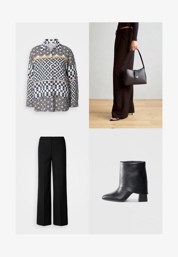 Pikad varrukad särk puuvillast, millel on tumesinine, valge ja kollane geomeetriline muster. Omab kraed ja nööpidega esiotsikut.; Mustad laiad püksid siledast kangast, millel on kõrge vöökoht, kohandatud õmblused ja minimalistlik kujundus. Ei ole nähtavat riistvara ega taskuid.; Mustad nahast pahkluuring, millel on terav varvas, sile tekstuur ja struktureeritud plokknakk. Omab kõrget, volditud suud.; Must musta kott, millel on struktureeritud kuju, sile tekstuur ja metallist klamber. Kombineeritud laiate mustade pükstega ja avatud varvaste sandaalidega puidust põrandal.