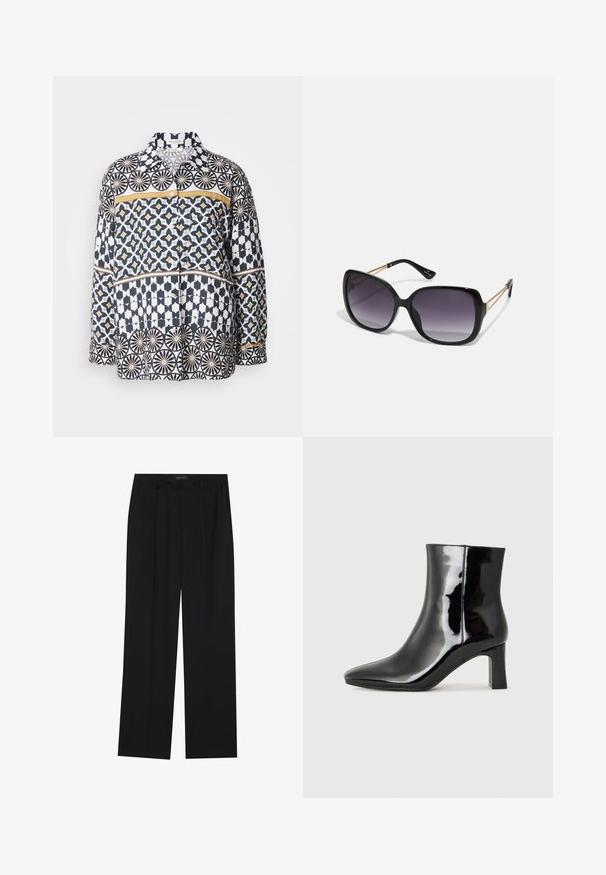 Hosszú ujjú pamut ing tengerészkék, fehér és sárga geometriai mintával. Gallérral és gombos elülső záródással rendelkezik.; Fekete nadrág egyenes szárú kialakítással, két első zsebbel és derékrésszel. Simának és könnyű anyagból készült.; Fekete lakk bőrcipő bokáig érő, hegyes orral és közepes magasságú tömbsarokkal. Simább textúrával és minimalista dizájnnal rendelkezik.; Fekete, oversize napszemüveg fokozatos árnyalatú lencsékkel, vastag kerettel és arany színű lánc díszítéssel a szárakon.