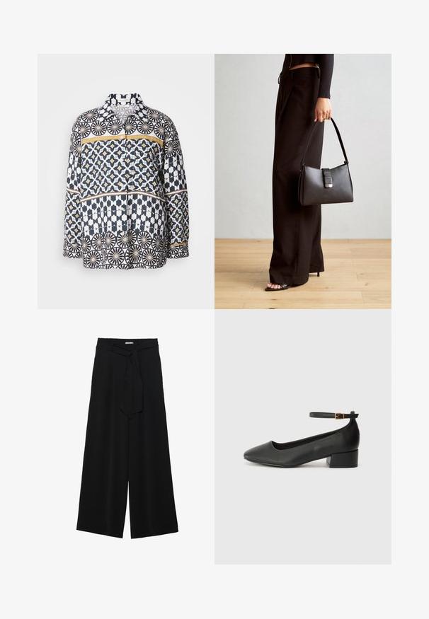 Pitkähihaista puuvillapaitaa, jossa on tummansininen, valkoinen ja keltainen geometrinen kuvio. Paidassa on kaulus ja nappikiinnitys edessä.; Mustat leveät housut, joissa on teksturoitu kangas, joustava vyötärö ja irrotettava nauha vyötäröllä säädettävää istuvuutta varten.; Mustat nahkakengät, joissa on terävä kärki ja matala lohkare korko. Varustettu nilkkahihnalla, jossa on kultasävyinen solki. Lisää sileä pinta.; Musta käsilaukku, jossa on rakenteellinen muoto, sileä pinta ja metallinen solki. Yhdistetty leveisiin mustiin housuihin ja avonaiheisiin sandaaleihin puulattialla.