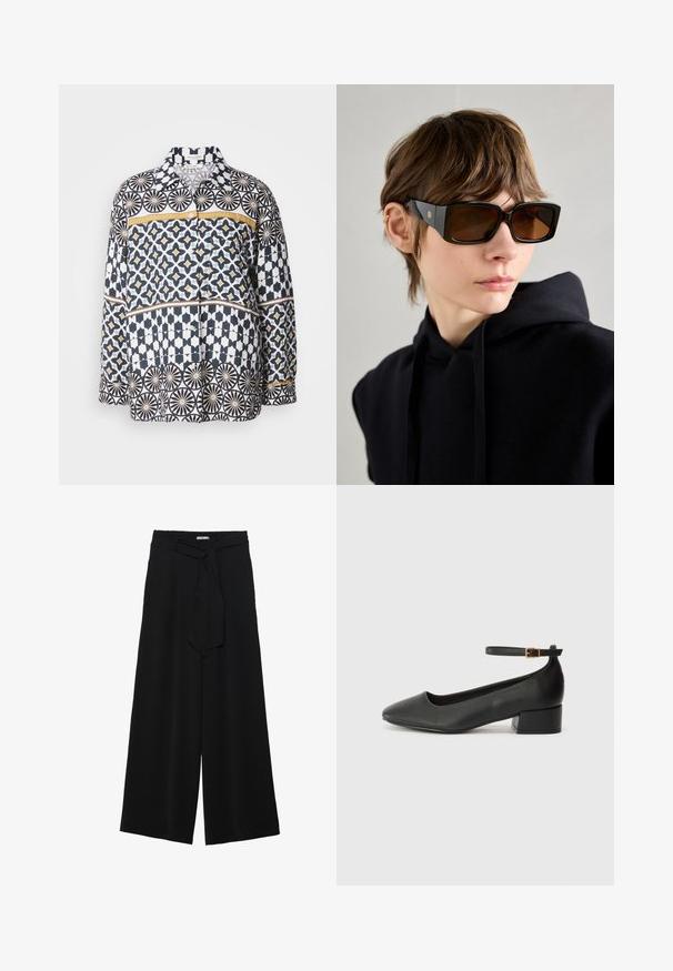 Camisa de manga larga de algodón con un patrón geométrico en navy, blanco y amarillo. Cuenta con un cuello y cierre frontal de botones.; Pantalones de pierna ancha negros con un tejido texturizado, una cinturilla elástica y un lazo desmontable en la cintura para un ajuste ajustable.; Zapato de tacón negro de cuero con punta afilada y tacón bajo cuadrado. Presenta una correa para el tobillo con una hebilla en tono dorado. Textura suave.; Gafas de sol negras de gran tamaño con un acabado brillante, forma rectangular, lentes tintados marrones y detalle del logotipo en dorado en las patillas.
