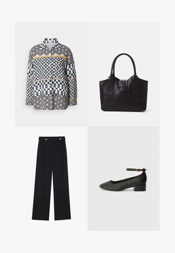 Pikad varrukad särk puuvillast, millel on tumesinine, valge ja kollane geomeetriline muster. Omab kraed ja nööpidega esiotsikut.; Mustad laiad püksid kõrge vöökoha ja nööpdetailidega vööandil, esikortsudega.; Must mustaapp, millel on terav nina ja madal blokk-kand. Omab pahkluu rihma koos kuldse tooni pandlaga. Sile tekstuur.; Mustgamma nahast kott, millel on sile tekstuur, struktureeritud kuju, kaks käepidet ja esiküljel silmapaistev hõbedane pandla detail.