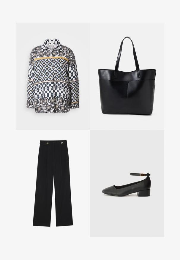 Majica z dolgimi rokavi iz bombaža z mornarsko modrim, belim in rumenim geometrijskim vzorcem. Ima ovratnik in zapiranje na gumb.; Črne široke hlače s visokim pasom, gumbnimi detajli na pasu in sprednjimi gubami.; Črne usnjene pumpice z nazobčanimi prsti in nizko blokasto peto. Imajo trak okoli gležnja z zaponko v zlatem tonu. Gladka tekstura.; Črna usnjena torba z dvema dolgima ročajema, gladko teksturo in strukturirano obliko. Ima sprednji žep za dodatno shranjevanje.