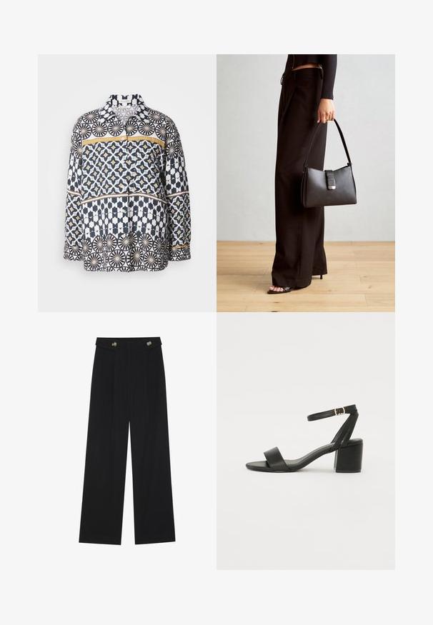 Ilgų rankovių medvilninis marškinėlis su tamsiai mėlyna, balta ir geltona geometrine raštu. Su apykakle ir sagų uždarymu priekyje.; Juodi plačios kojos kelnės su aukštu liemeniu, sagų detalėmis ant liemens ir priekinėmis raukšlėmis.; Juodos aukštakulnės sandalai su lygiu odiniu viršumi, atvira nosimi, plačiomis priekinėmis dirželiomis ir reguliuojama kulkšnies juosta su auksiniu sagtimi.; Juodas rankinė struktūrizuota forma, lygi tekstūra ir metalinis užsegimas. Suporuota su plačiomis juodomis kelnėmis ir atvirais bateliais ant medinių grindų.