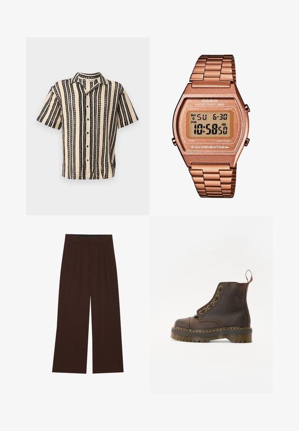 Chemise à manches courtes beige avec des rayures verticales noires et des motifs texturés. Présente un col à revers et une fermeture à boutons.; Pantalons amples marron avec des plis. Fabriqués en tissu lisse, avec une taille cintrée et des poches latérales. Ourlet plat en bas.; Bottine en cuir marron avec un bout rond, des coutures jaunes contrastantes, des œillets en métal décoratifs et une semelle en caoutchouc rainurée.; Montre digitale Casio avec un bracelet en métal rose doré, un boîtier rectangulaire, un écran éclairé et une résistance à l'eau, affichant l'heure et la date.
