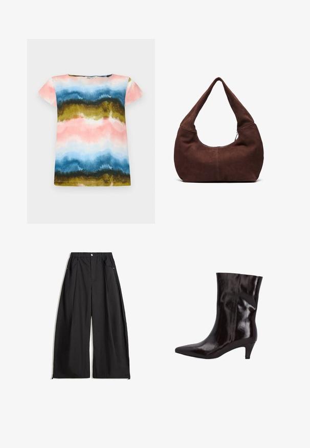 Kortærmet T-shirt med et akvarelmønster i pink, blå, grøn og guld. Blødt stof med en afslappet pasform og rund halsudskæring.; Rød- og hvidstribet langærmet skjorte med rund halsudskæring og afslappet pasform. Blødt stof med ensartet stribemønster.; Sorte vide bukser med høj talje, der har plisseringer, en frontlukning med knap og to sidelommer. Fremstillet af stof med en struktureret overflade.; Brun læder ankelstøvle med spids tå og en 2-tommer slank hæl. Blank overflade og sømløst design uden synligt hardware eller detaljer.; Brun ruskinds hobo taske med et buet, bredt håndtag og en stor åbning. Blød tekstur med synlige stikninger langs kanterne.