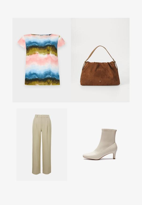 Korte mouwen T-shirt met een aquarelpatroon in roze, blauw, groen en goud. Zachte stof met een relaxte pasvorm en ronde hals.; Beige wijde broek van gladde stof, voorzien van voorplooien, een op maat gemaakte tailleband en zijzakken. Schoon afgewerkte zoom.; Witte enkelboot gemaakt van glad leer met een spitse neus en een korte, taps toelopende hak. Beschikt over een minimalistisch ontwerp en een naadloos bovenwerk.; Bruine suède handtas met een geplooid ontwerp, voorzien van een enkele tan kleur leren schouderband en een subtiele gouden logo-detail aan de voorkant.