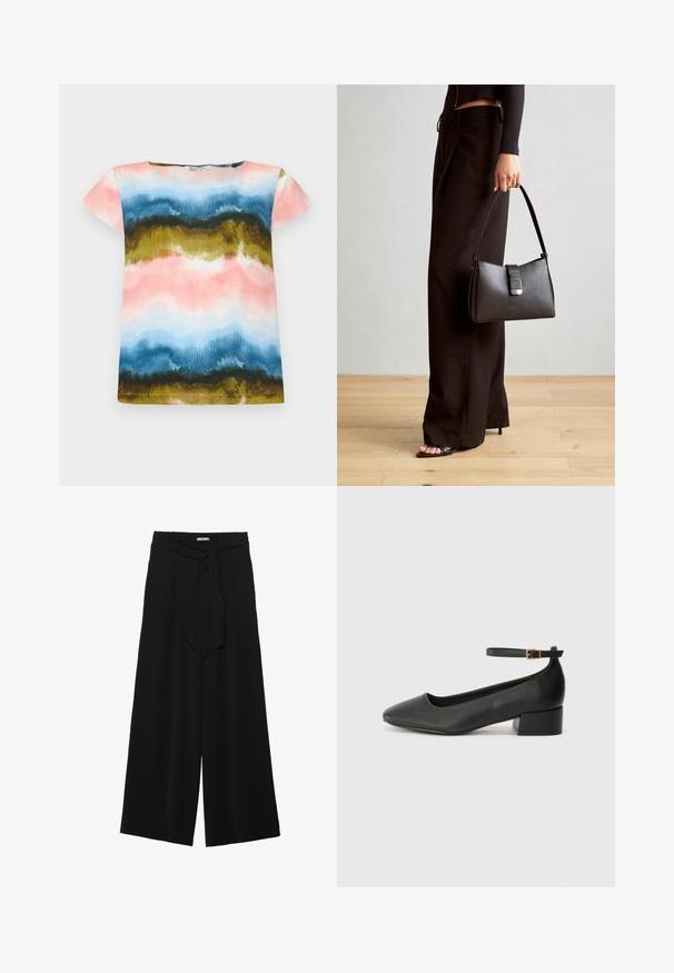 T-shirt à manches courtes avec un motif aquarelle dans les teintes rose, bleu, vert et doré. Tissu doux avec une coupe décontractée et un col rond.; Pantalons larges noirs en tissu texturé, avec une taille élastique et une ceinture à nouer amovible à la taille pour un ajustement variable.; Escarpin en cuir noir avec un bout pointu et un petit talon bloc. Doté d'une bride de cheville avec une boucle dorée. Texture lisse.; Sac à main noir à la forme structurée, texture lisse et fermoir métallique. Associé à un pantalon noir ample et des sandales ouvertes sur un sol en bois.