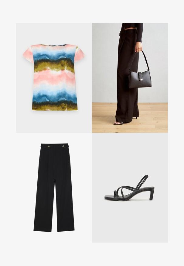 Tričko s krátkym rukávom s akvarelovým vzorom v ružovej, modrej, zelenej a zlatej farbe. Mäkkučká tkanina s voľným strihom a okrúhlym výstrihom.; Čierne široké nohavice s vysokým pásom, so zapínaním na gombíky na páse a prednými sklady.; Čierne sandále na vysokom podpätku so štvorcovou špičkou a nízkym blokovým podpätkom. Obsahujú viacero tenkých popruhov a nastaviteľný členkový popruh. Vyrobené z hladkej kože.; Čierna kabelka so štruktúrovaným tvarom, hladkou textúrou a kovovou sponou. V kombinácii so širokými čiernymi nohavicami a sandálmi s otvorenou špičkou na drevenej podlahe.