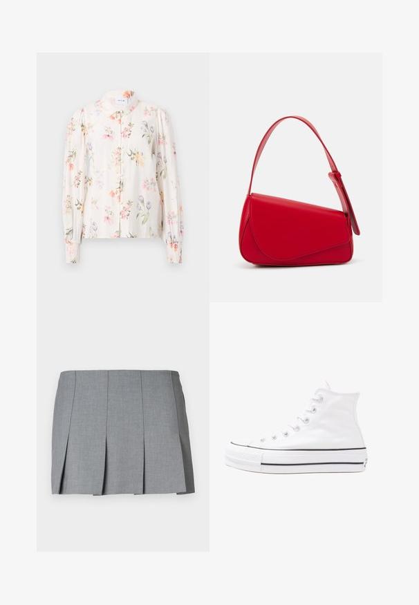 Floral button-up blouse in light cream fabric. Features long puff sleeves, collar, and a mix of colorful flower patterns. Soft texture.; Gray pleated skirt featuring a smooth texture, structured design, and a fitted waist. Made from a lightweight fabric with subtle pattern.; White high-top canvas sneaker with black rubber sole, front rubber toe cap, and six eyelets for laces, featuring a clean, minimalist design.; Red leather handbag with an angular, geometric design. Features a single adjustable strap and a flap closure with stitched detailing.
