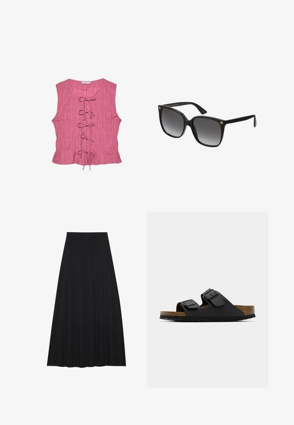 Roza brezrokavna bluza z teksturiranim zaključkom, ki ima spredaj poinikanje in razširjen rob. Lahka zasnova s sproščenim krojem.; Črna maksi krila iz mehkega, tekočega materiala. Ima elastičen pas in polno A-linijsko silhueto z gladko teksturo.; Črne sandale z dvema trakovima in nastavljivimi sponkami, plute zakonitostjo in teksturirano gumijasto podplatom. Imajo ravno odprto zasnovo za enostavno nošenje.; Črne oversize sončna očala z gradientnimi lečami, debelimi plastičnimi okvirji in zlatimi logotipnimi akcenti na templjih. Kotna oblika in sijoča končna obdelava.