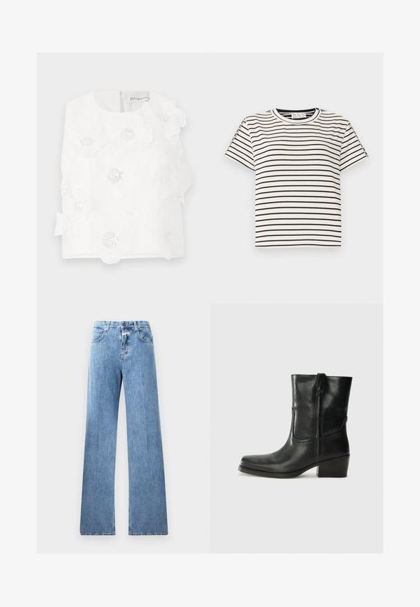 Balta bešlė pečių palaidinė, puošta siuvinėtomis gėlėmis, karoliukų akcentais ir švelnia tekstūra. Uždarymas nugaroje su mažais, nereikšmingais užtrauktukais.; Medvilninis trumpas rankovėmis marškinėliai su apvaliu iškirpimu, su juodomis vertikaliomis juostelėmis ant baltos fono ir tiesiai supjaustytu dizainu.; Šviesiai mėlyni džinsai su plačiomis kojomis, penkiomis kišenėmis, diržo kilpos ir mygtuko užsegimu. Audinys yra lygus.; Juodi odiniai aulinukai iki kulkšnies su apvali nosimi, blokuotais kulnais, šonine užtrauktuku ir siuvimo akcentais ant viršutinės dalies. Lygi tekstūra, klasikinis dizainas.