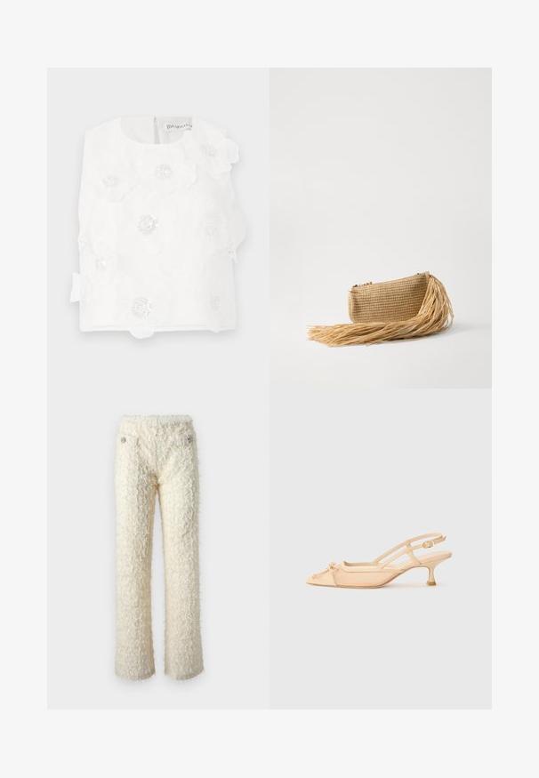 Haut sans manches blanc avec des fleurs brodées, des accents perlés et une texture lisse. Fermeture à l'arrière avec une petite fermeture éclair discrète.; Pantalons flous, blanc cassé, avec une texture douce, des jambes droites et des accents de boutons en argent décoratifs sur les poches avant.; Stuart Weitzman KITTY - Escarpins - beige/barely beige; Cult Gaia VIERA - Pochette - natural