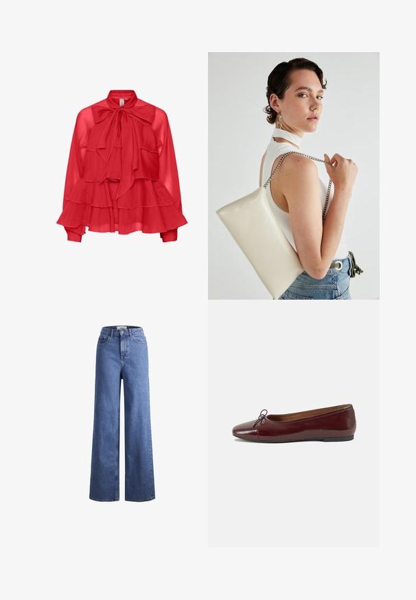 Blusa roja, transparente, con un cuello de lazo, diseño de volantes en capas, mangas largas y detalles en los puños. Tejido ligero con una silueta fluida.; Jeans de mezclilla de tiro alto, de pierna ancha, en azul claro, con dos bolsillos delanteros y costuras visibles. Cuentan con un cierre de botón y cremallera.; Bailarina de charol burdeos con punta redonda, pequeño lazo en la parte frontal y una suela baja de goma negra. Textura suave.; Bolso de mano rectangular blanco, hecho de un material brillante, con una cadena plateada. La modelo posa, mostrando el bolso frente a un fondo liso.
