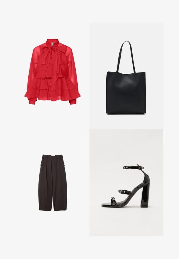 Červená priesvitná blúzka s golierom na mašľu, vrstvený dizajn volánov, dlhé rukávy a detaily na manžetách. Ľahká tkanina s voľným siluetou.; Čierne široké nohavice vyrobené z hladkej tkaniny, s vysokým pásom, prednými skladmi a bočnými vreckami. Jednoduchý dizajn bez ozdôb.; Čierne lakované sandále na podpätku so štvorcovou špičkou, navlečenými remienkami okolo členku a striebornými prackami. Disponujú masívnym blokovým podpätkom pre stabilitu.; Čierna kožená taška na rameno s hladkým povrchom, obdĺžnikovým tvarom a dvoma dlhými uchami. Bez viditeľného kovania alebo ozdôb.