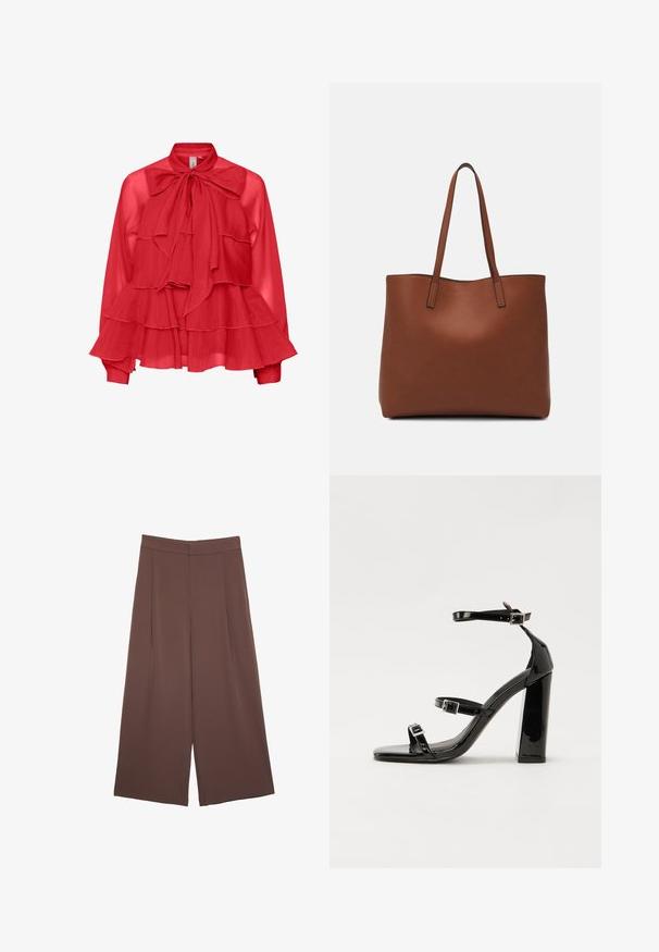 Rød, gennemsigtig bluse med en sløjfe ved halsen, lagdelt flæse-design, lange ærmer og manchet detaljer. Letvægtsstof med en flydende silhuet.; Brune bredbunde bukser med en glat tekstur, der har høj talje og plisseringer foran. Stoffet er let og falder løst.; Sorte patenterede hælsandaler med firkantet tå, ankelremme og sølvspænder. Har en chunky blokHæl for stabilitet.; Brun læder tote taske med en glat overflade, åben topdesign og to skulderremme. Har minimal syning og ingen synlig hardware.