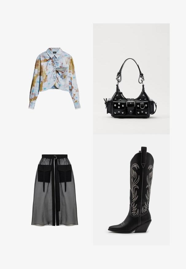 Cămașă scurtă cu mânecă lungă, cu nasturi în față, textură ribbed, buzunar pe piept și model tie-dye multicolor în nuanțe de albastru, maron și alb.; Fustă neagră transparentă cu un talie plisată, având două buzunare mari în față, un cordon pentru talie și un accent metalic circular.; Bocanci de cowboy din piele neagră, cu vârfuri ascuțite, toc wedge și modele florale brodate cu fir argintiu de-a lungul tijei. Cusături în contrast pe întreaga suprafață.; Geantă de piele neagră cu un design curbat, dotată cu studuri argintii, o cataramă și două buzunare laterale. Curea ajustabilă pentru opțiuni de transport.