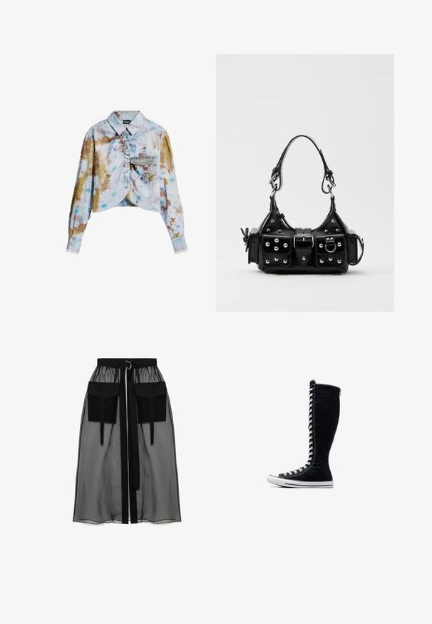 Dlhý rukáv skratová košeľa s gombíkovým zapínaním, rebrovanou textúrou, vreckom na hrudi a viacerými farbami v batikovanom vzore v modrej, hnedej a bielej farbe.; Čierna priesvitná sukňa s naťahovacím pásom, ktorá má dve veľké predné vrecká, opasok na viazanie a kruhový kovový akcent.; Čierne vysoké tenisky s vysokým dizajnom, vyrobené z plátna. Majú biele šnúrky, švy a gumovú podrážku s ochranným krytom na špičke.; Čierna kožená kabelka s zakriveným dizajnom, doplnená striebornými cvočkami, prackou a dvoma bočnými vreckami. Nastaviteľný popruh poskytuje rôzne možnosti nosenia.