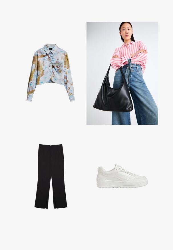 Long-sleeve cropped shirt with button front, ribbed texture, chest pocket, and multicolor tie-dye pattern in blue, brown, and white tones.; Black trousers with a straight fit, featuring front pockets and side slits at the hem. Made of soft, smooth fabric. Suitable for various occasions.; White leather sneakers with smooth texture, padded ankle, and perforated toe. Features a slightly elevated rubber sole and lace-up design.; Black leather shoulder bag with a slouchy shape and seam details. Model wears a pink and white striped shirt with wide-leg blue jeans.