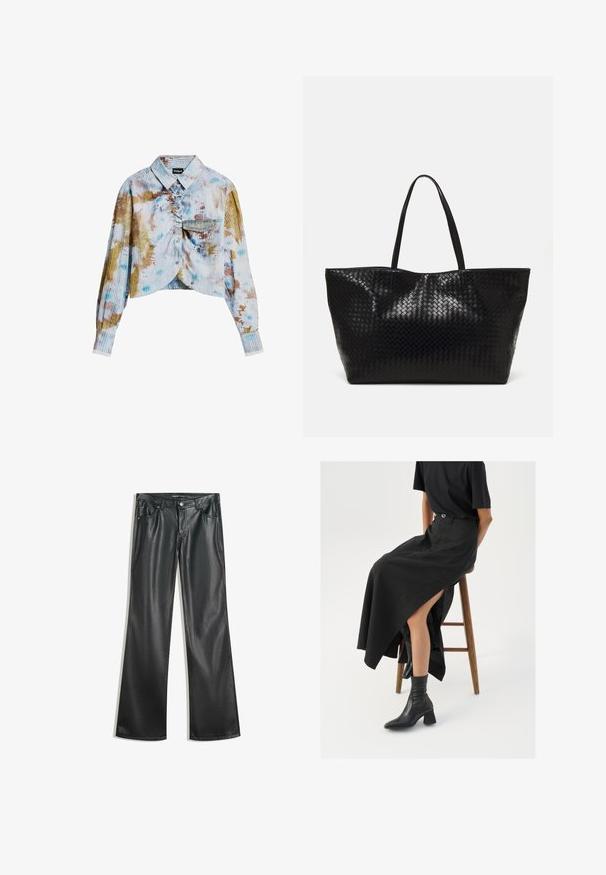 Langemouwige cropped shirt met knopen aan de voorkant, geribde textuur, borstzak en een multicolor tie-dye patroon in blauwe, bruine en witte tinten.; Zwarte nep leren flared broek met een gladde textuur, vijf zakken, ritssluiting aan de voorkant en contrasterende stiksels.; Zwarte linnen maxi rok met een hoge split, gedragen met een zwart T-shirt en zwarte enkellaarsjes. Minimalistisch ontwerp met een relaxte pasvorm.; Zwarte geweven schoudertas met twee stevige handvatten, met een glanzende textuur en een ruime open bovenkant.