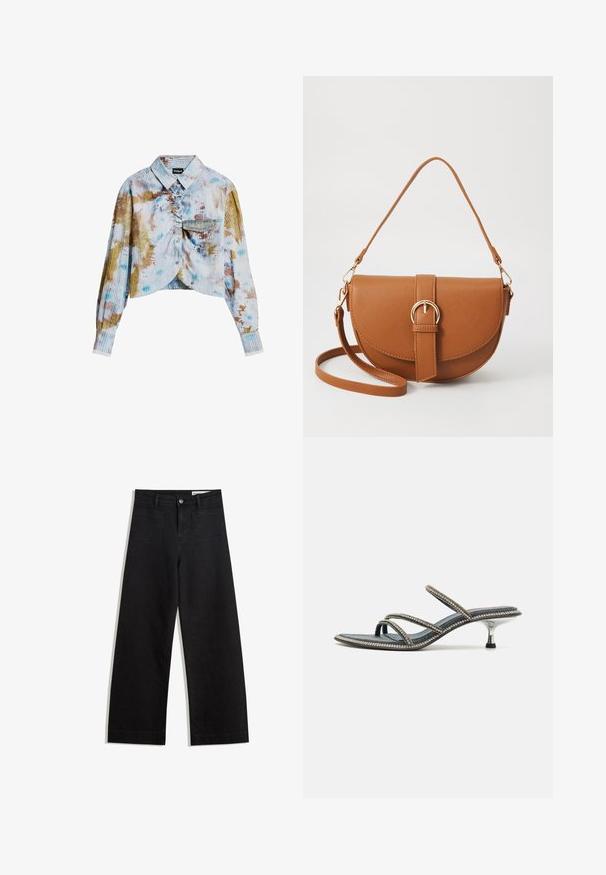 Kraťoučká košile s dlouhým rukávem, knoflíkovou přední částí, ribstop texturou, kapsou na hrudi a vícebarevným tie-dye vzorem v modré, hnědé a bílé barvě.; Černé denimové kalhoty s volným střihem a vysokým pasem, vybavené předními a zadními kapsami, prošívanými švy a knoflíkovým zapínáním. Hladká textura.; Denimové sandály s třemi tenkými pásky zdobenými kamínky, špičatou špičkou a kovovým jehlovým podpatkem. Protiskluzová podešev.; Hnědá kožená křížová taška s zakřiveným tvarem, zlatými detaily a akcentem s přezkou. Obsahuje odnímatelný popruh na rameno.