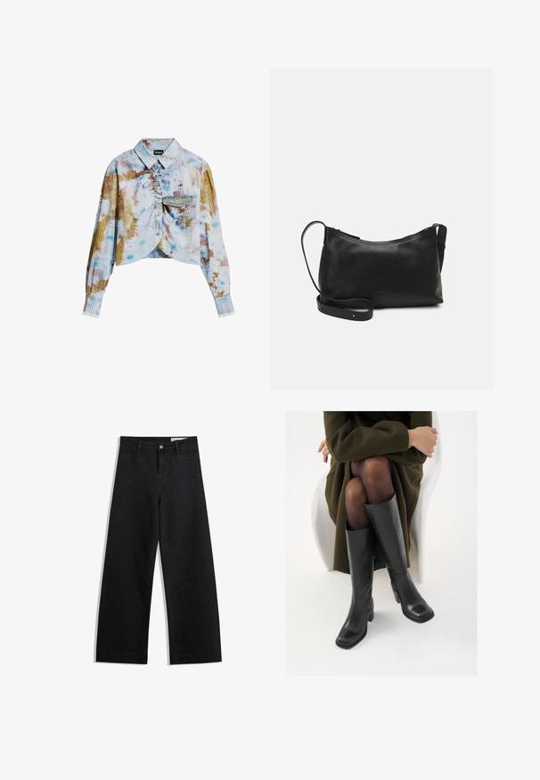 Long-sleeve cropped shirt with button front, ribbed texture, chest pocket, and multicolor tie-dye pattern in blue, brown, and white tones.; Black wide-leg denim pants with a high waist, featuring front and back pockets, stitched seams, and a button closure. Smooth texture.; Knee-high black leather boots with a squared toe and block heel, shown with a model seated in an olive green coat. Smooth texture, minimal detailing.; Black leather shoulder bag with a smooth texture, curved shape, adjustable strap, and a zip closure. Minimalist design without embellishments.