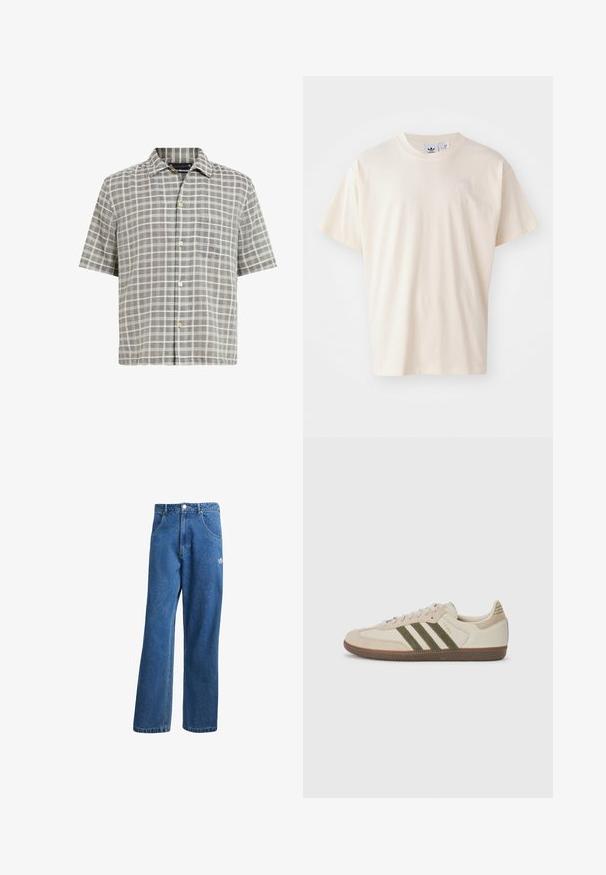Camicia a maniche corte in motivo check grigio, con colletto a camicia, taschino frontale e tessuto leggero con accenti color crema.; T-shirt in cotone crema con scollatura rotonda e maniche corte; presenta un piccolo logo chiaro sul petto.; Jeans di denim a vita alta e gamba larga blu, con tasche frontali, passanti per cintura, chiusura a bottone e piccolo logo Adidas sulla coscia destra.; adidas Originals SAMBA OG UNISEX - Sneakers basse - alumina/medium dark khaki/gum