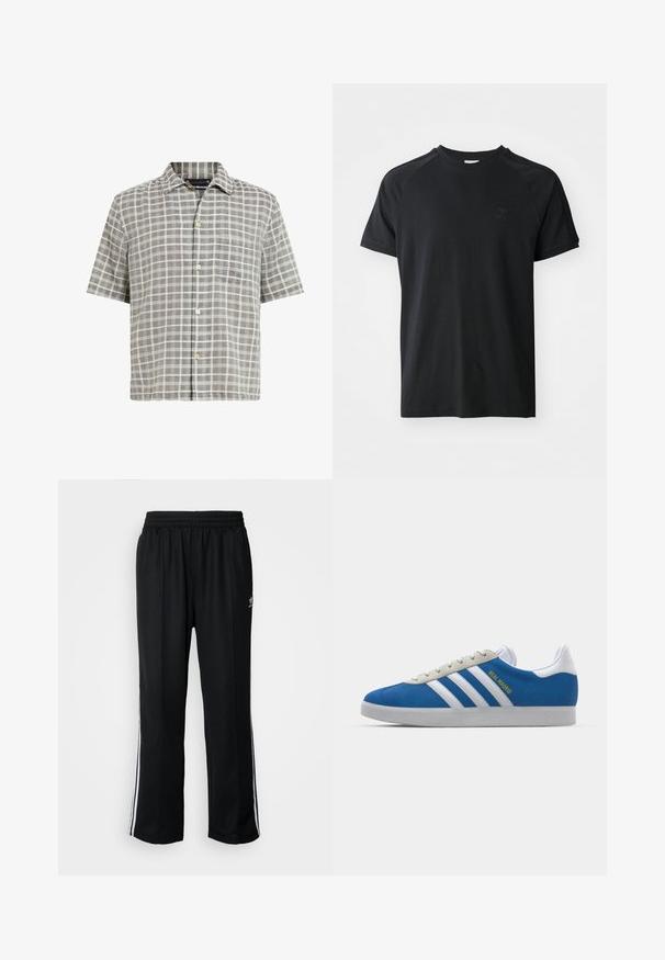 Korte mouwen overhemd in een grijs ruitpatroon, met een button-down kraag, een borstzak en een lichte stoftextuur met crèmekleurige accenten.; Zwarte katoenen t-shirt met een ronde hals, korte mouwen en raglanontwerp. Heeft een gestructureerd logo op de linkerborst. Glad afwerking.; Zwarte sportbroeken met een elastische tailleband, voorzien van witte zijkanten en een klein logo. Het materiaal lijkt zacht en lichtgewicht te zijn.; adidas Originals ADIDAS GAZELLE SHOES - Zaalvoetbalschoenen - real madrid/bluebird/footwear white/crew yellow