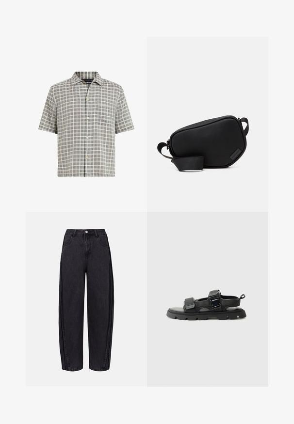 Lyhythihainen paita harmaassa ruudullisessa kuosissa, jossa on napituskaulus, etutasku ja kevyt kangas, jossa on kermaisia yksityiskohtia.; Mustat leveälahkeiset farkut, jotka on valmistettu sileästä denimmateriasta. Ominaisuuksiin kuuluvat korkea vyötärö, etutaskut ja nappikiinnitys vyötärön kohdalla.; Musta sandaalit, joissa on teksturoidusta kankaalta valmistettu päällinen, leveät hihnat, metalliset solkiyksityiskohdat ja paksu kumipohja, jossa on urituskuvio.; Musta vetoketju-unelmatasku, joka on valmistettu sileästä materiaalista, jossa on litteä muoto, yksi hihna ja pieni logovivahde. Minimalistinen muotoilu.