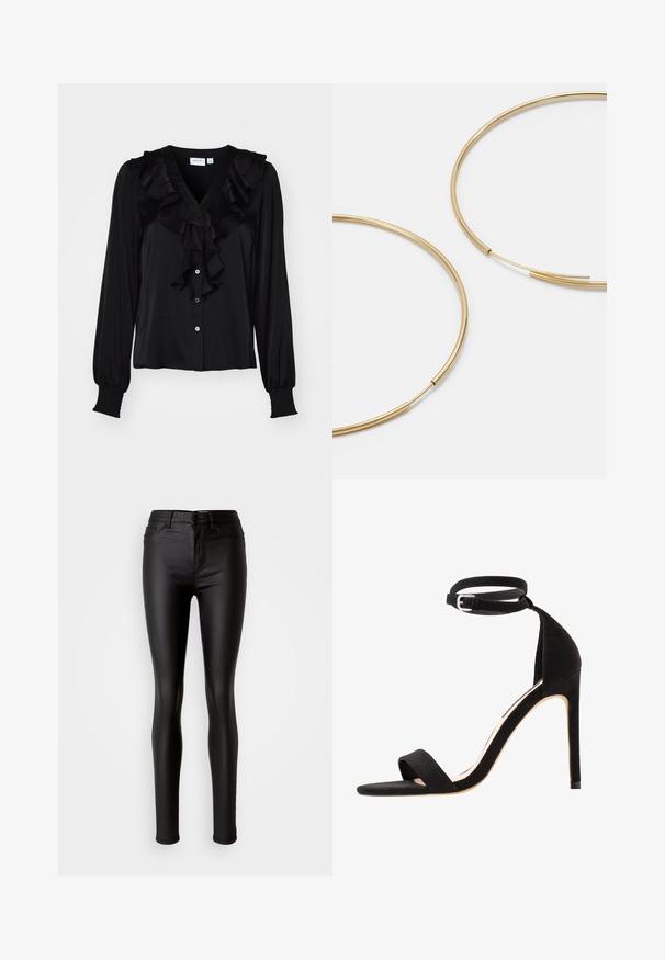 Čierna blúzka s dlhými rukávmi, drapériou pozdĺž výstrihu, zapínaním na gombík a nahrnutými manžetami. Hladká textúra látky.; Čierne skinny jeans z umelého kože s hladkou textúrou, vysokým pásom, zapínaním na gombík a tradičným päťvreckovým dizajnom.; Čierne semišové sandále na vysokom opätku s jednoduchým dizajnom remienka, otvorenou špičkou a remienkom okolo členka s striebornou prackou.; Zlaté kruhové náušnice, tenké a okrúhleho tvaru, s hladkým kovovým povrchom a bez ozdôb alebo vzorov.