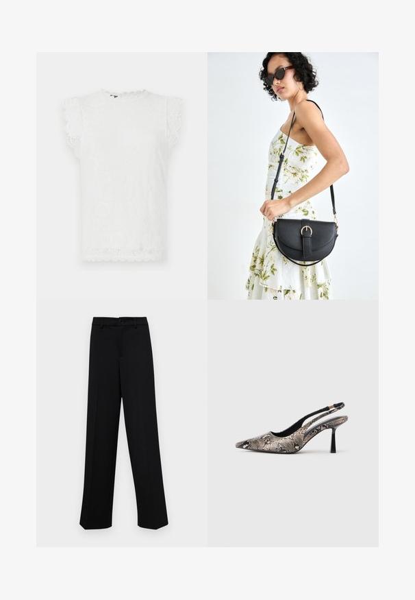 White lace top with short, scalloped sleeves, featuring a textured floral pattern and a rounded neckline.; Black wide-leg trousers made of smooth fabric, featuring a classic waistband with a button closure and front pleats.; Pointed-toe slingback shoes made of textured snake print material, featuring a slender black heel and a cutout design on the sides.; Black leather handbag with a curved shape, detachable strap, and gold hardware. The bag features a flap with a buckle detail.