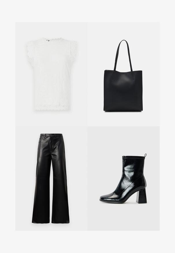 Fehér csipke felső rövid, hullámos ujjal, texturált virágmintával és kerek nyakkivágással.; Fekete, magas derekú, széles lábú, műbőr nadrág elülső gombbal, cipzárral, övbújtatókkal és oldalsó zsebekkel, fehér háttérrel.; Fekete lakk bokacsizma négyszögletű orral és vaskos geometrikus sarkakkal. Simára csiszolt, fényes felülettel rendelkezik, valamint hátsó húzófüllel a könnyű felhúzás érdekében.; Fekete bőrtáska sima felszínnel, téglalap alakú, két hosszú füllel. Nincs látható fémkiegészítő vagy díszítés.