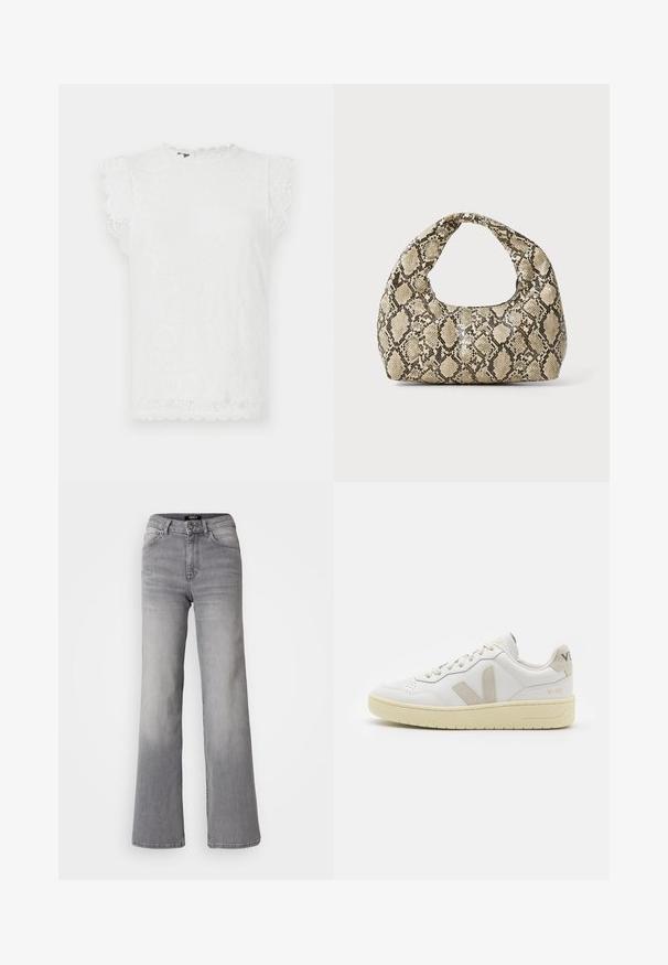 White lace top with short, scalloped sleeves, featuring a textured floral pattern and a rounded neckline.; High-waisted straight-leg gray denim jeans with front button and zipper, front and back pockets, and faded shading on thighs and calves.; White leather sneaker with beige suede accents, perforated toe box, flat laces, and a textured cream sole. Features subtle branding on heel.; Snake-print handbag with a curved handle. Made from textured, beige and brown materials, featuring a distinctive diamond pattern.