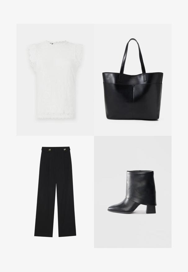 White lace top with short, scalloped sleeves, featuring a textured floral pattern and a rounded neckline.; Black wide-leg trousers with high waist, button details on waistband, and front pleats.; Black leather ankle boot with a pointed toe, smooth texture, and a structured block heel. Features a high, folded cuff design.; Black leather tote bag with two long handles, a smooth texture, and a structured shape. Features a front pocket for additional storage.