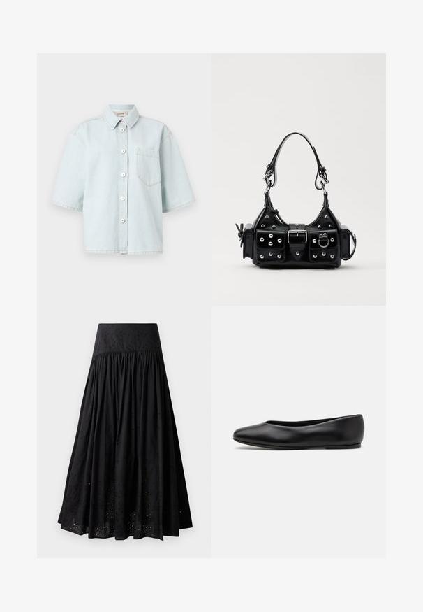 Light blue denim short-sleeve shirt with a button placket, single chest pocket, and visible stitching detail. Smooth texture.; Black maxi skirt made of cotton with an embroidered waistband. Features gathered fabric and eyelet detailing along the hem.; Paul Smith TOPANGA - Ballet pumps - black; Black leather handbag with a curved design, featuring silver studs, a buckle, and two side pockets. Adjustable strap for carrying options.