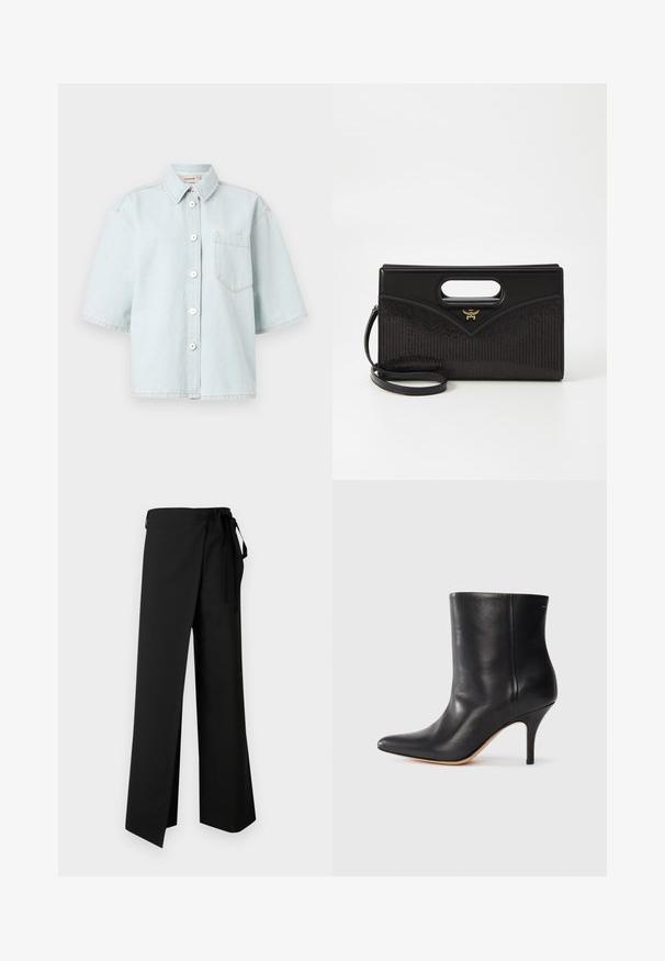 Gai zila denim krekls ar īsām piedurknēm, ar pogu aizdari, vienu krūšu kabatu un redzamu šuvju detaļu. Gluda tekstūra.; Melni platās bikses ar jostas saišķi, gluda tekstūra un priekšējais šķēlums, izstrādātas ērtībai un brīvai kustībai.; Melnas ādas potītes zābaki ar norādītu pirkstu, šauru stiletto papēdi un gludu tekstūru. Minimalistiska dizaina, bez redzamām detaļām vai akcentiem.; Melnā somiņā ar strukturētu formu, ar augšējo rociņu, gludas ādas ārpusi un teksturētu audumu ar svītrām. Zelta aksesuāri.